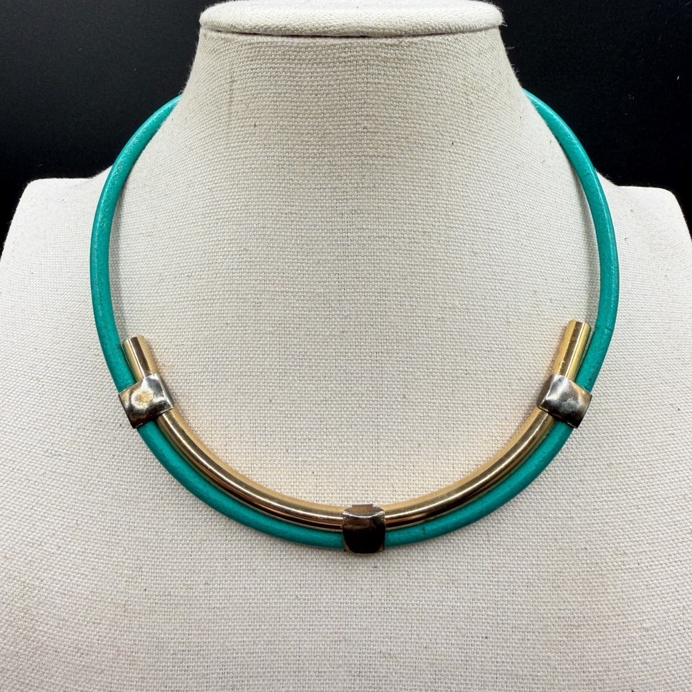 Turquoise Tone Cord Mixed Metal Collar Necklace Geometric Boho Statement Vintage
